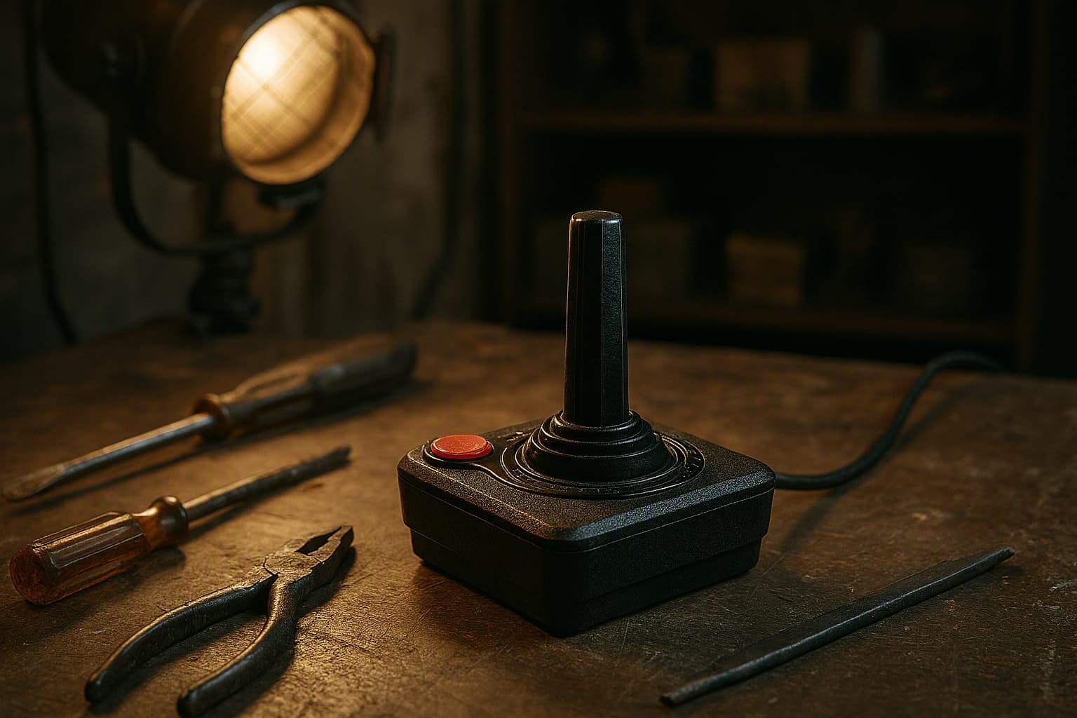 a vintage joystick on an old repair shop counter, tools and old film light