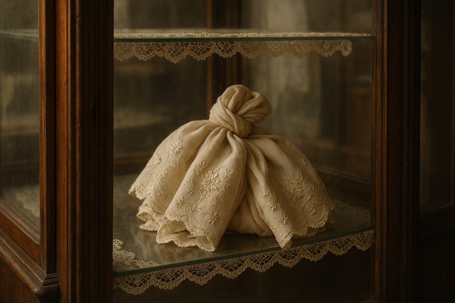 an embroidered scarf bundle in an old salon display cabinet, lace and glass shelves