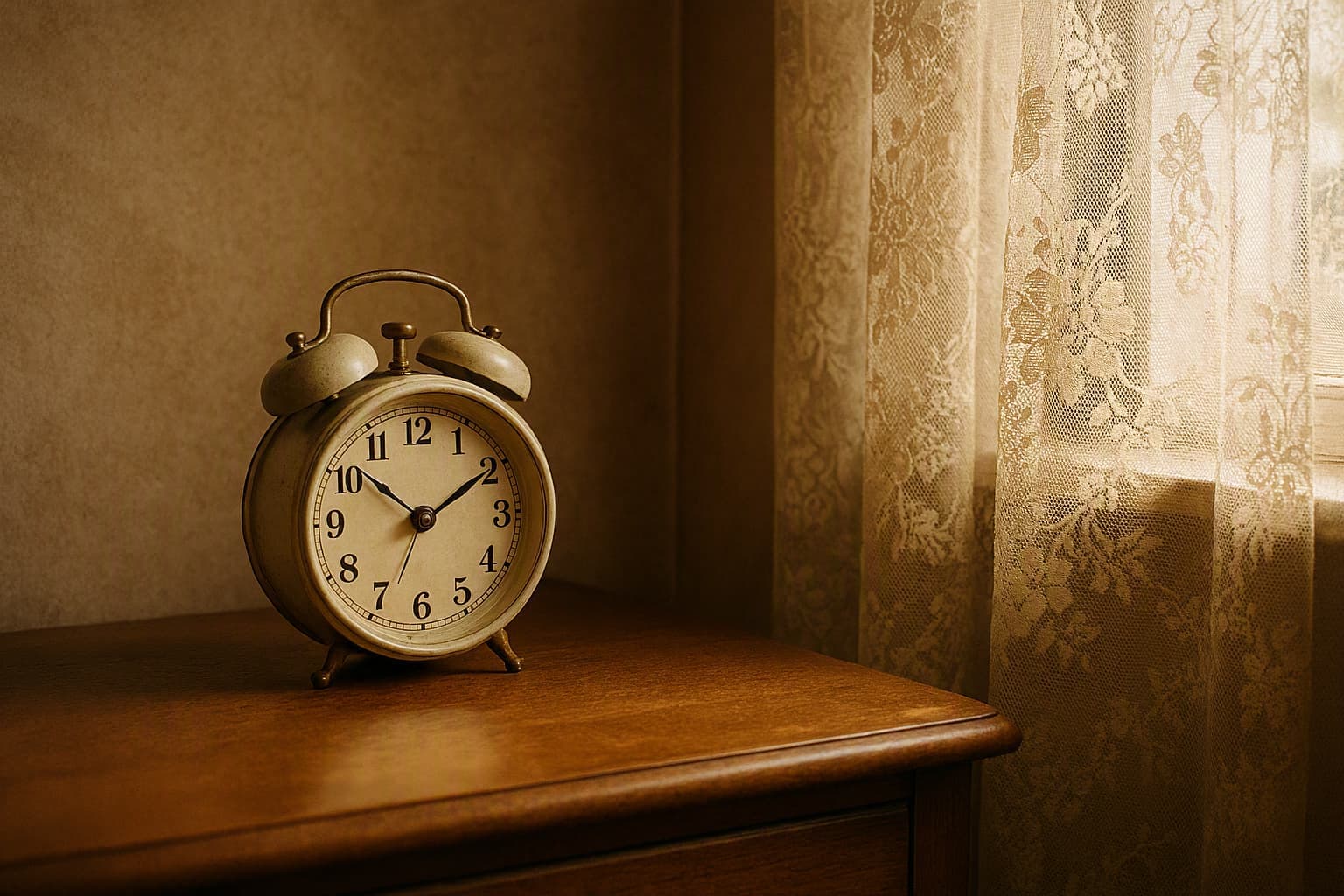 A wind-up clock in the quiet corner of a grandmother's room