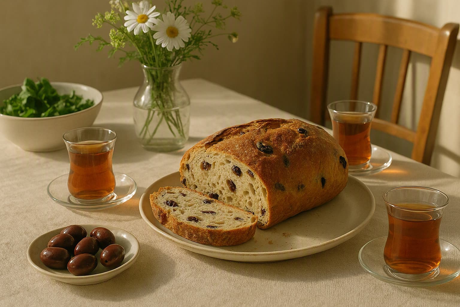 olive bread on a spring family table, tea glasses, soft afternoon light