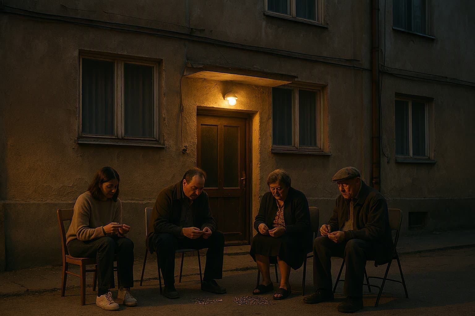 neighbours sitting outside an old apartment eating sunflower seeds in the evening, simple chairs