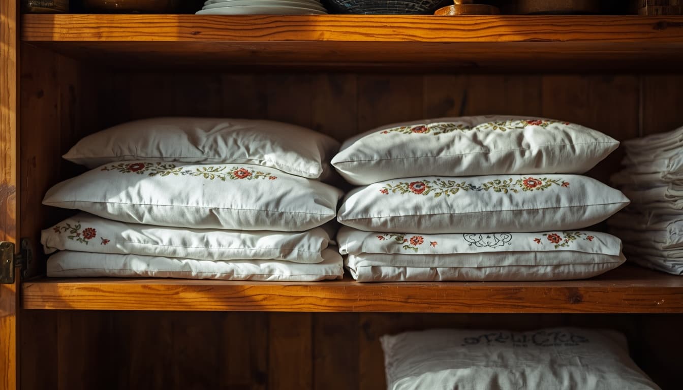 folded embroidered pillowcases on a wooden kitchen shelf