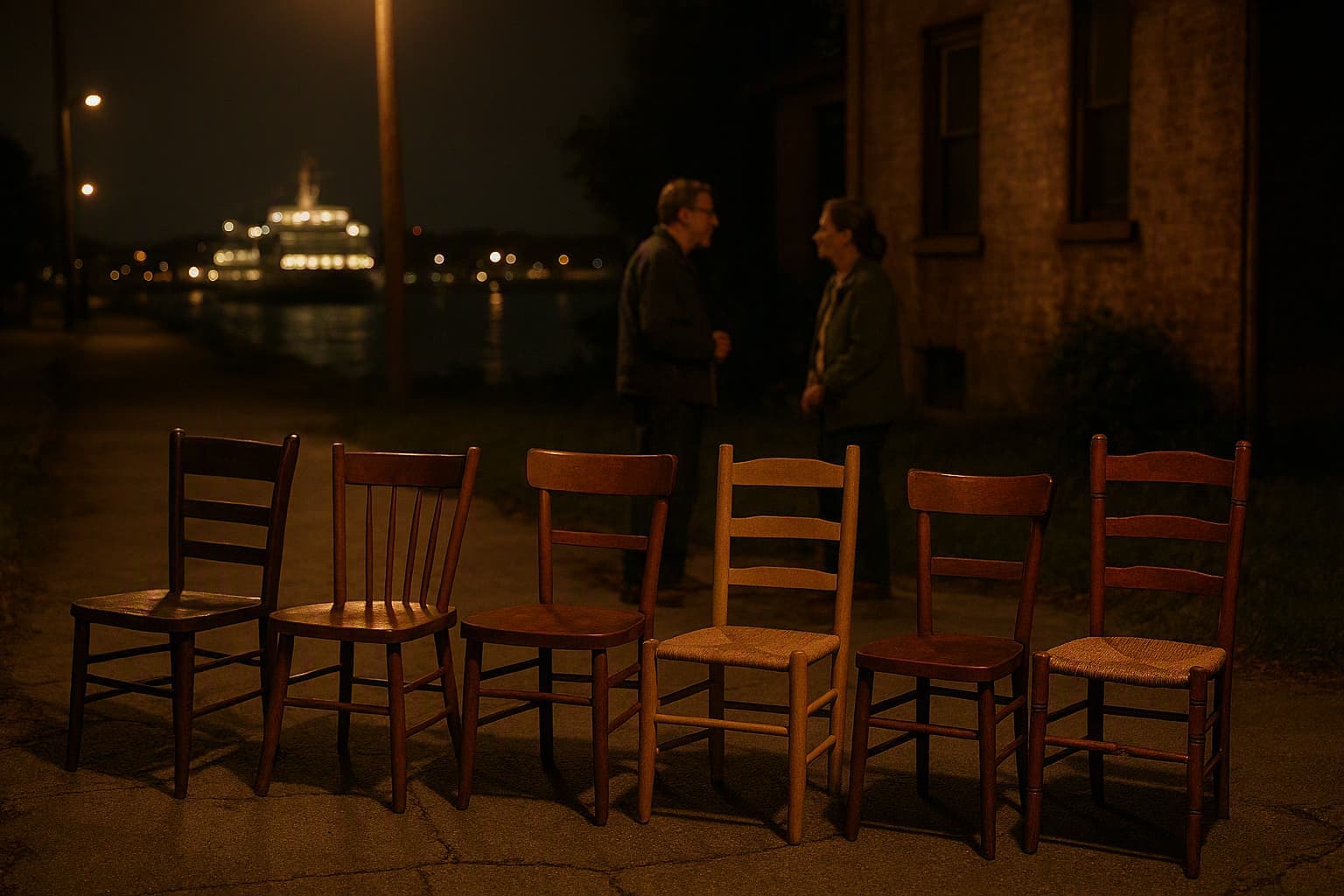 chairs arranged on an old sidewalk at night, neighbours talking, ferry mood in distance