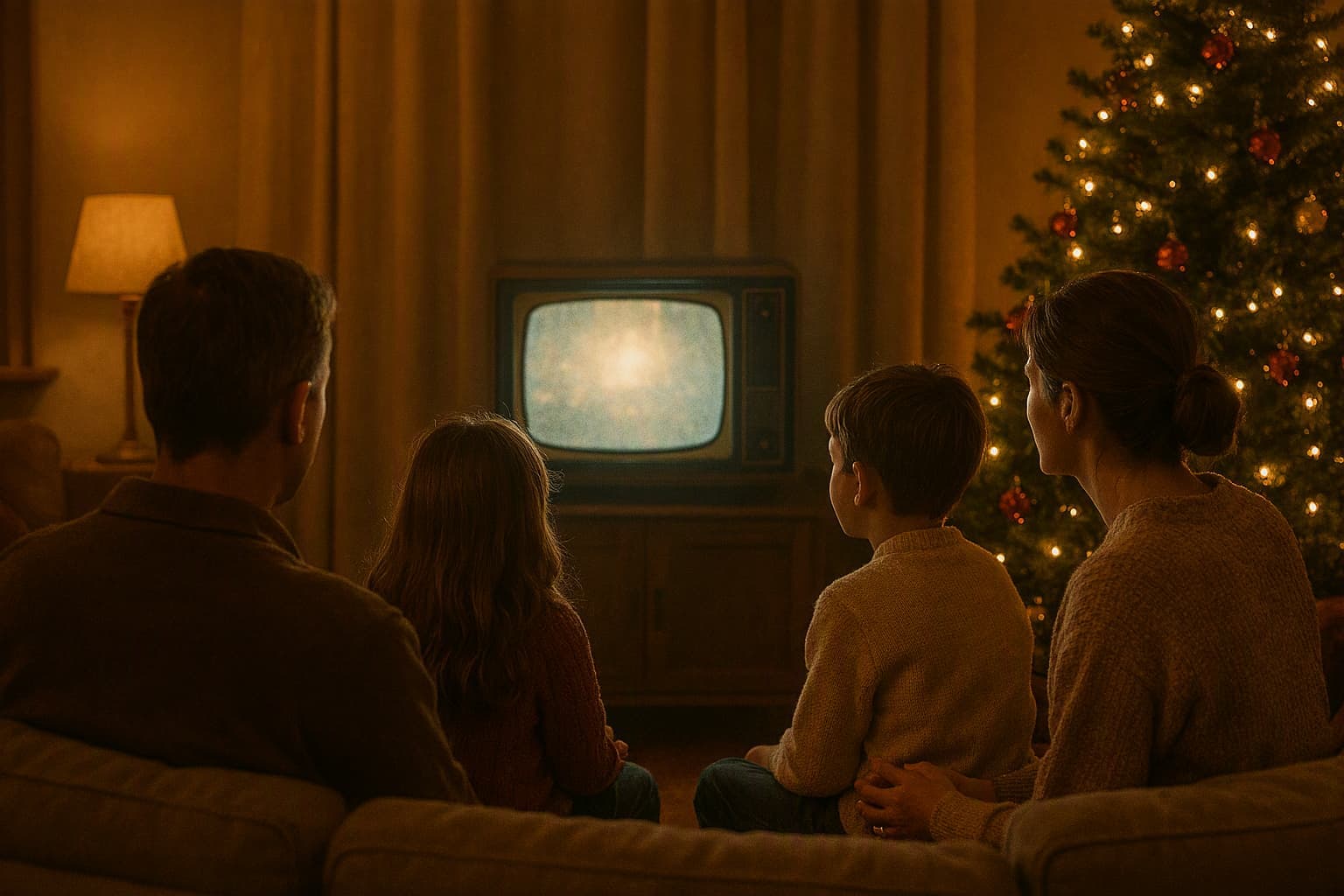 a family watching a single-channel television at night, warm living room, holiday mood