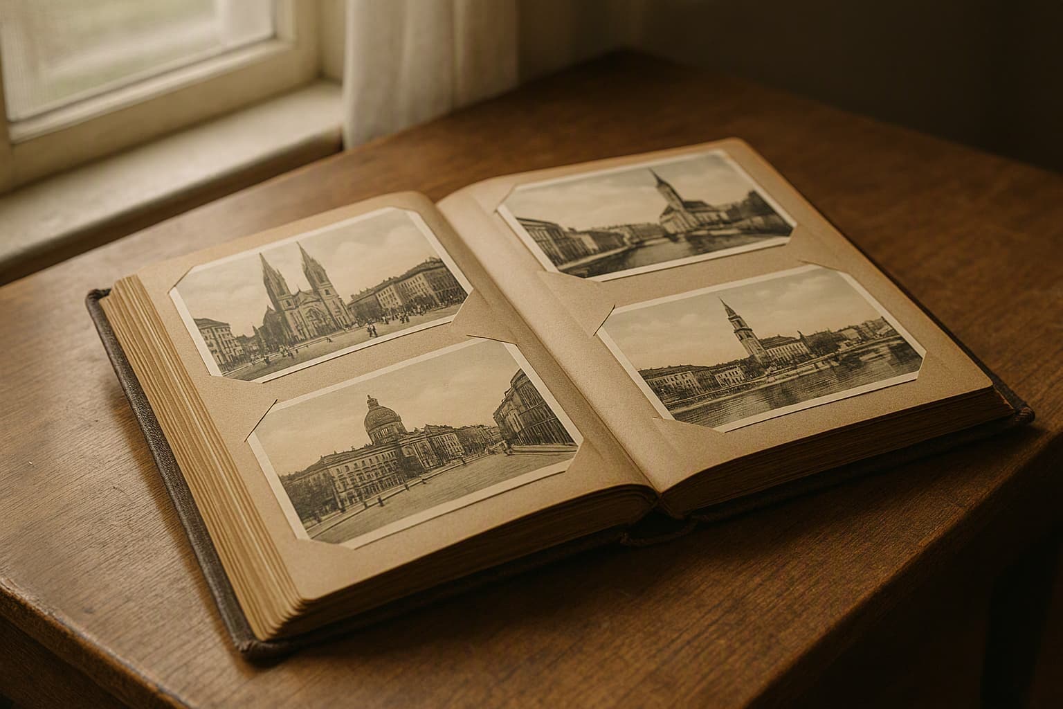 An old postcard album open with city postcards in careful sleeves