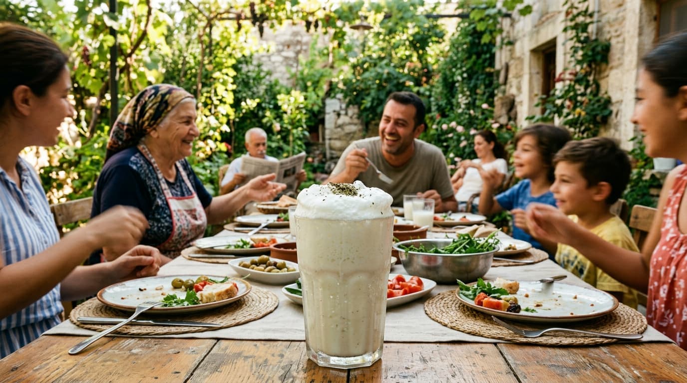 frothy glass of churned ayran on a summer family table