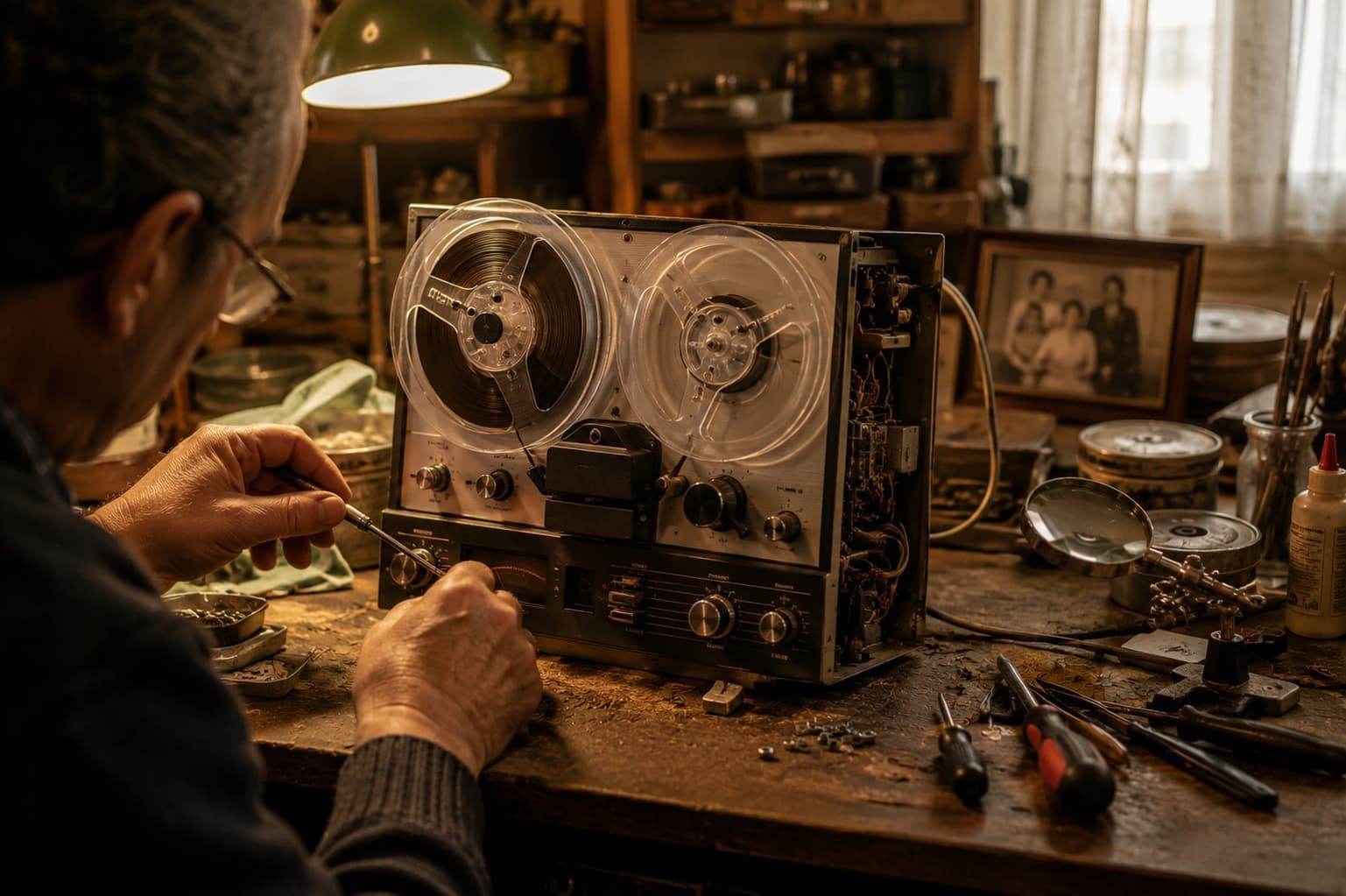 reel-to-reel recorder on a repair bench beside small tools