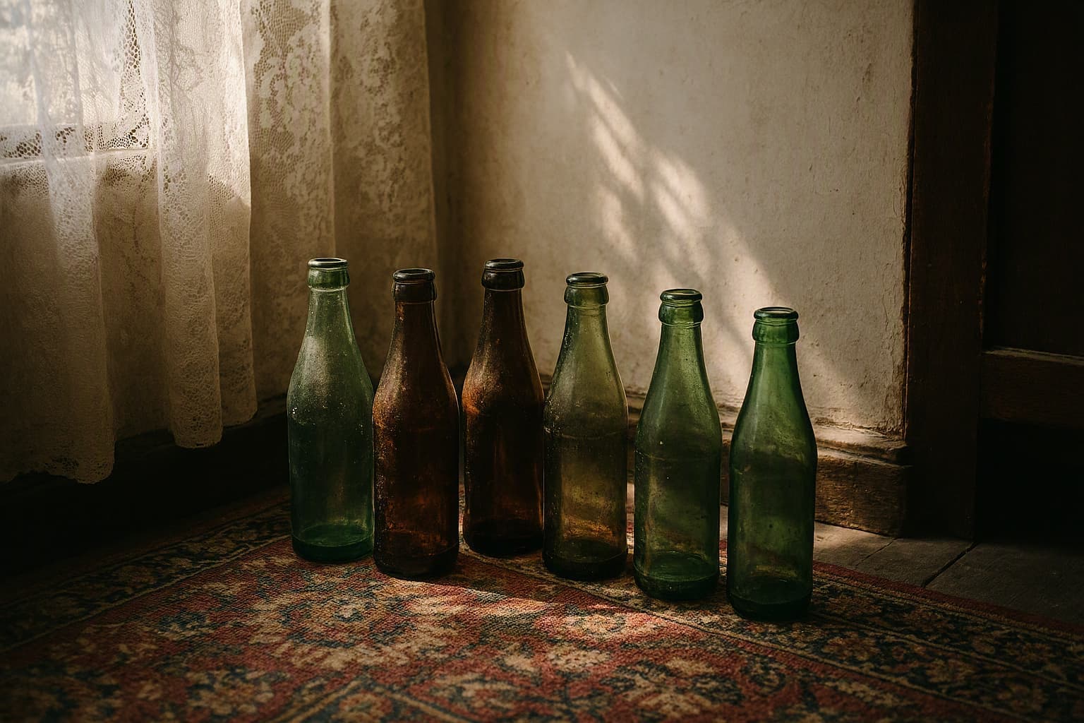 old glass soda bottles in a dowry room corner, sunlight through lace curtain