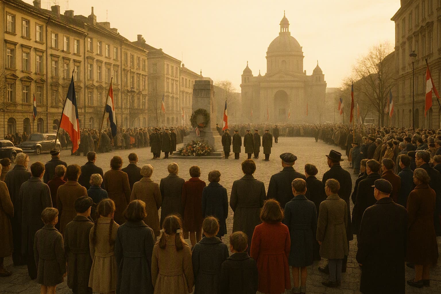an old city square during an official ceremony, families gathered, flags, warm holiday light