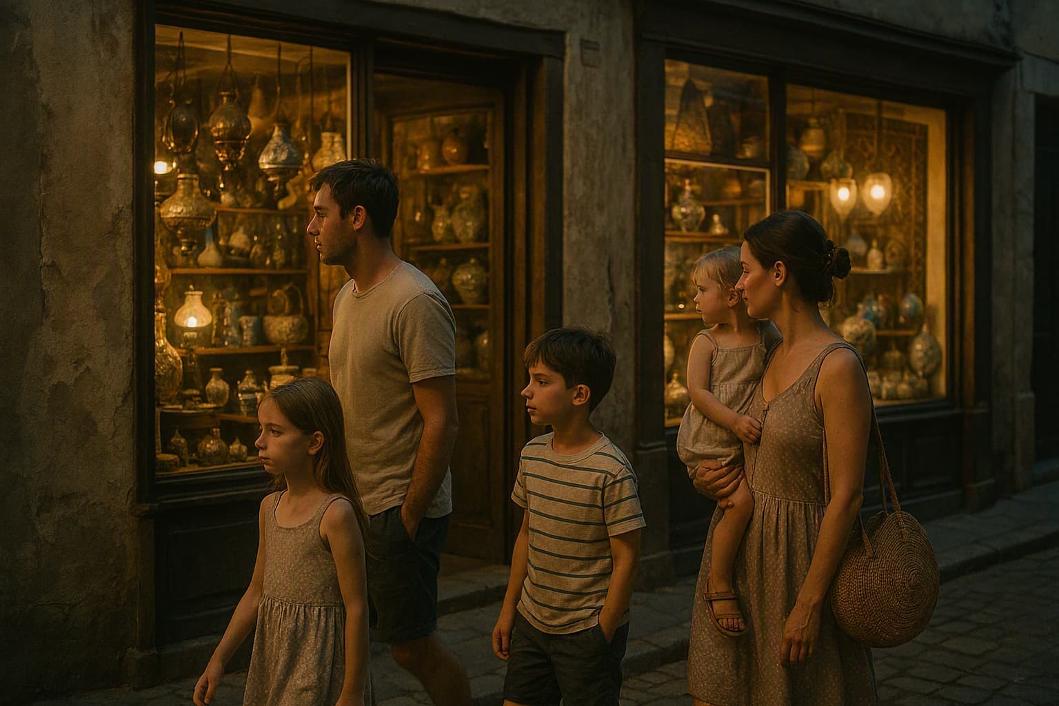 families strolling past old bazaar shop windows after a seaside return, evening light