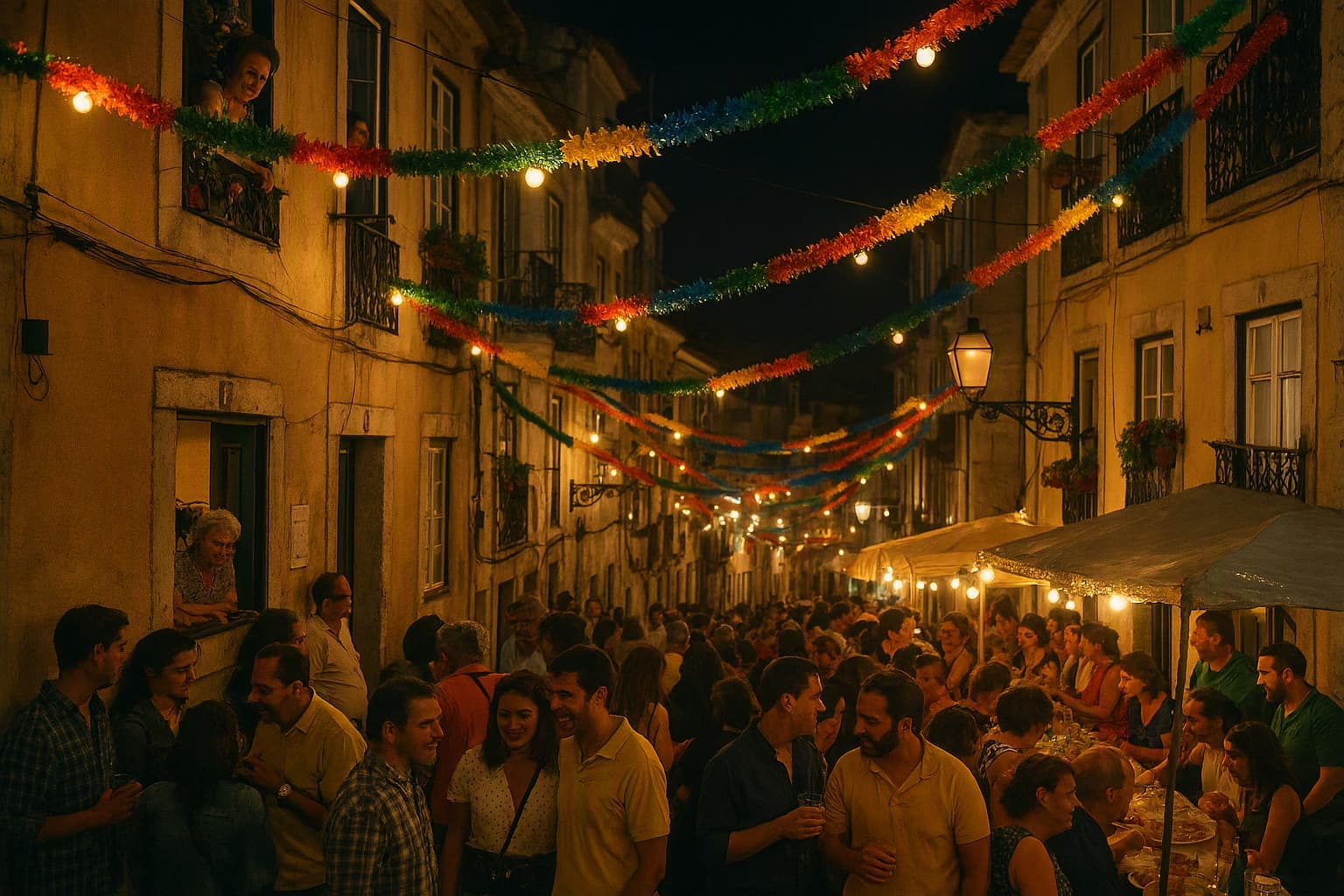 Lisbon streets during Saint Anthony night festivities, garlands, warm lights, neighbours celebrating