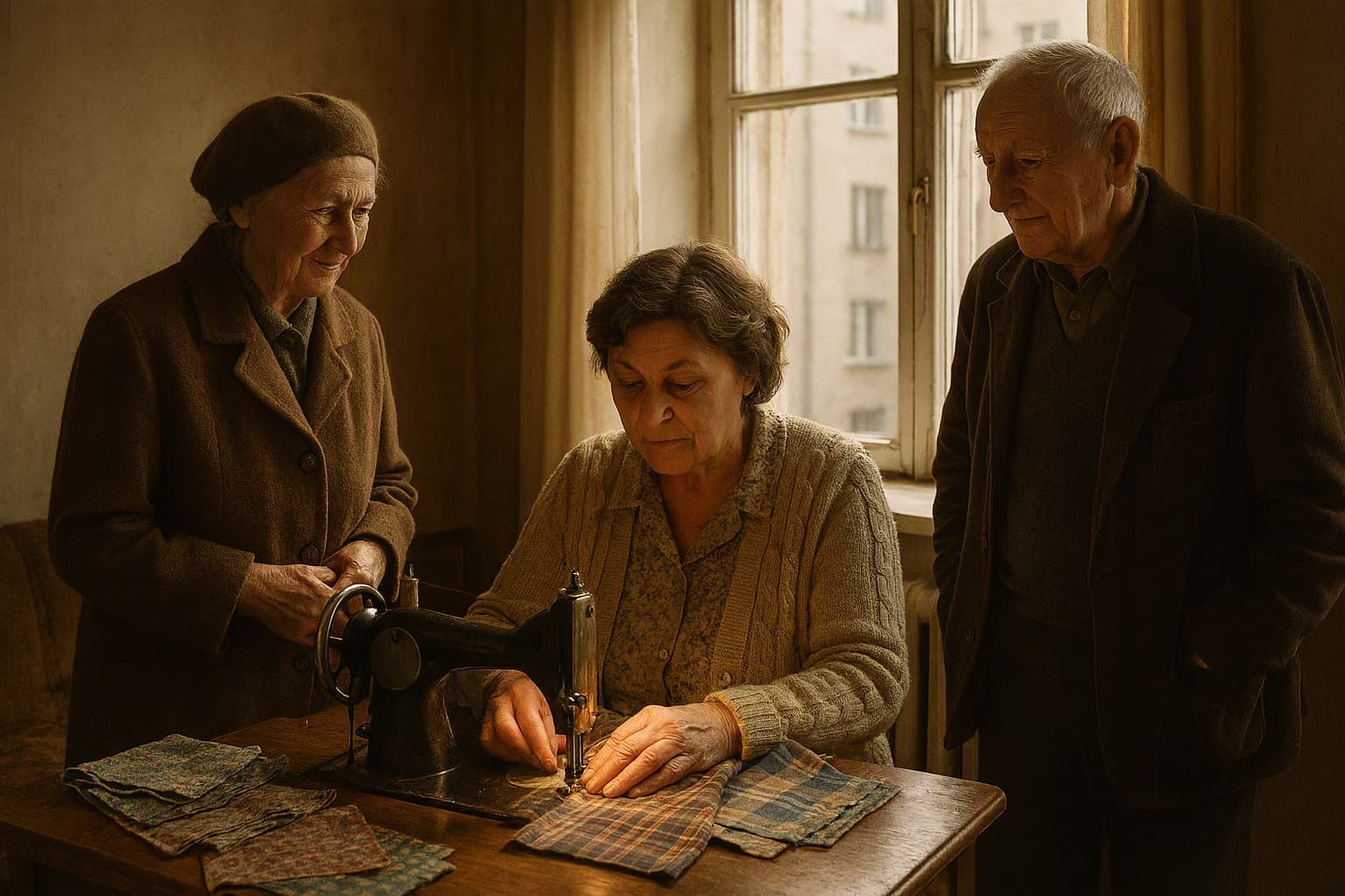 neighbours visiting a woman sewing by a window, fabric pieces, old apartment warmth