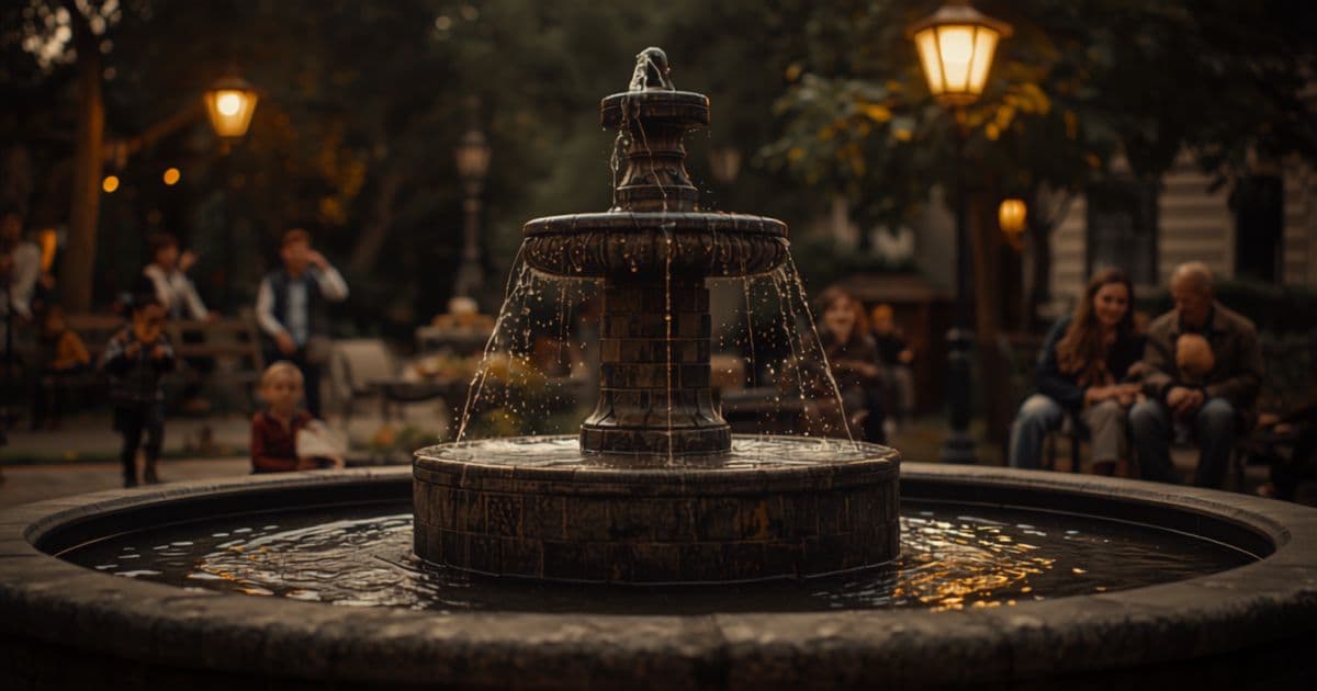 old stone neighbourhood fountain under a street lamp