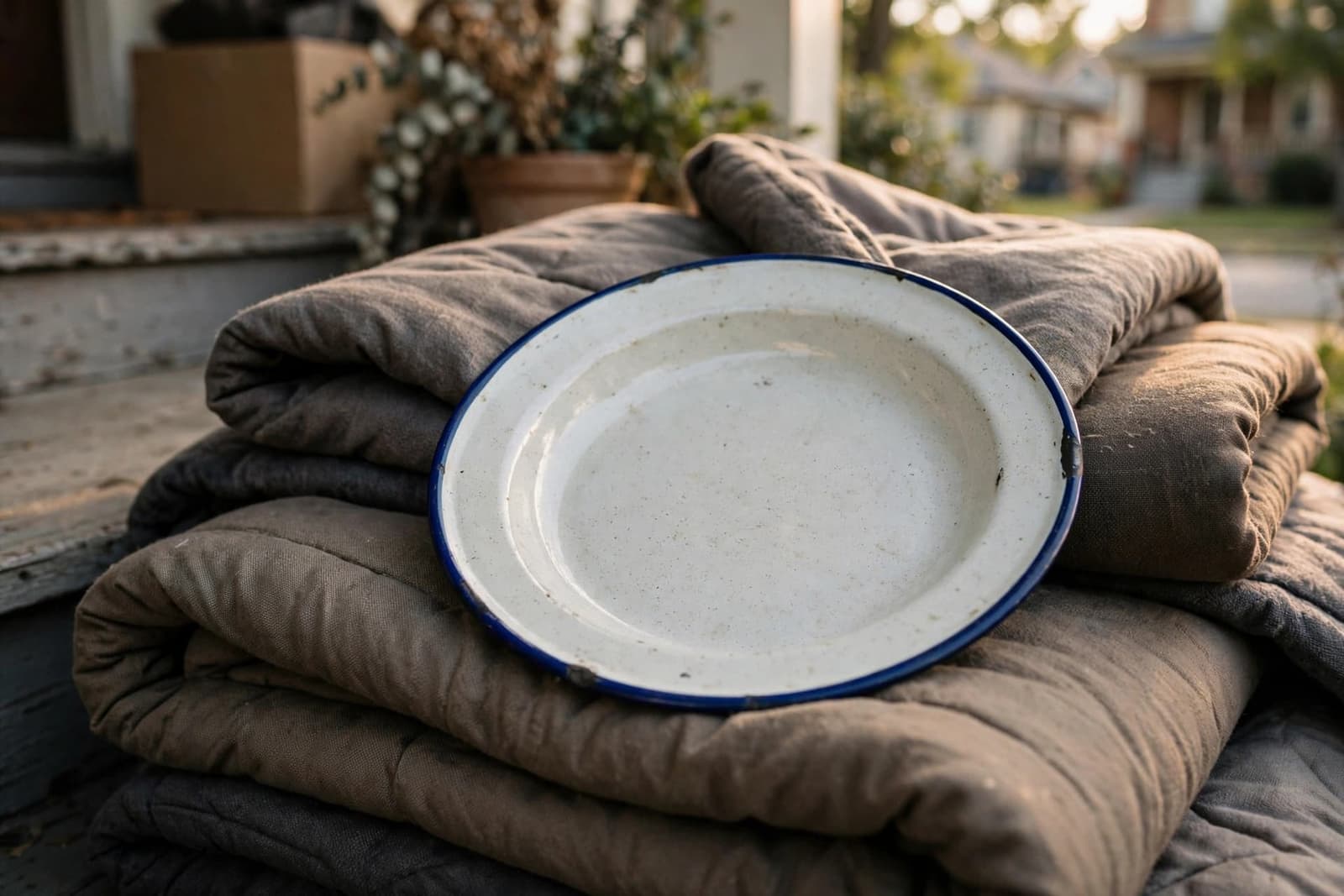 blue-rimmed enameled plate among folded moving cloths