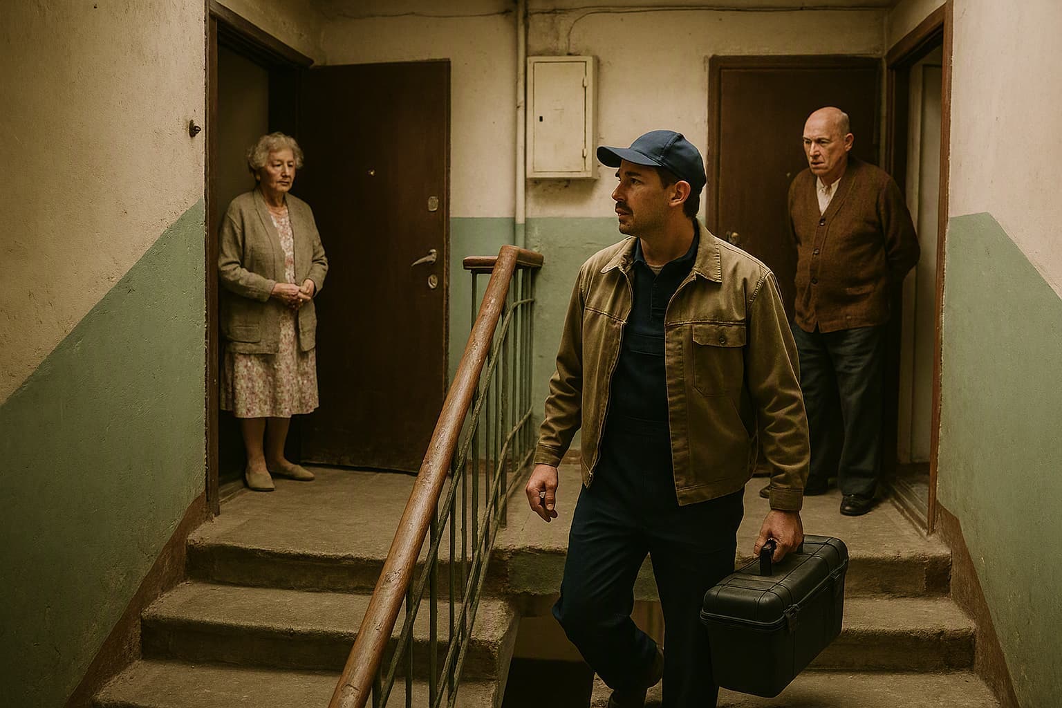 A refrigerator repairman carrying a toolbox in an old apartment stairwell