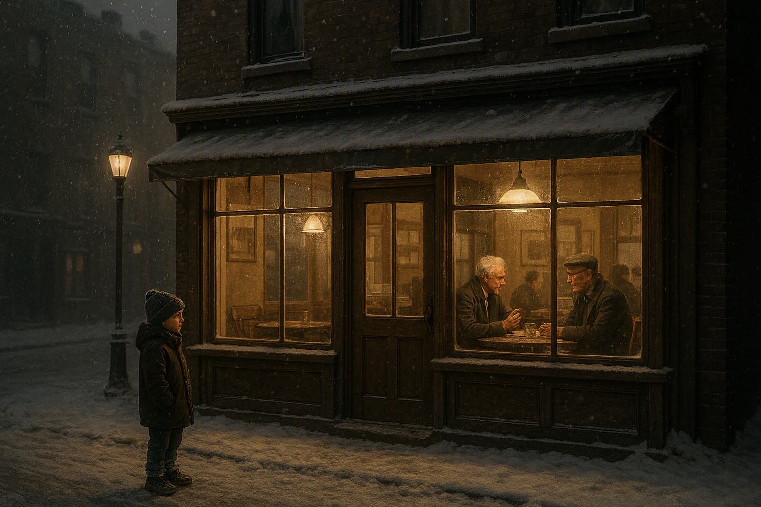 an old neighbourhood coffeehouse on a winter night, warm windows, men talking, child outside