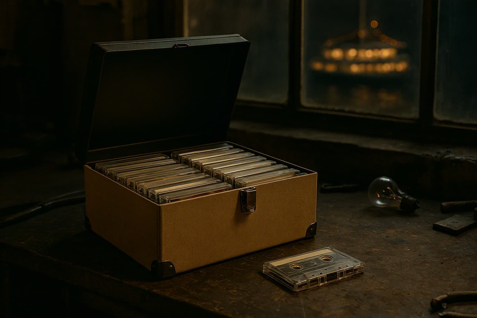 a cassette archive box on a repair shop table near a window at night, ferry mood