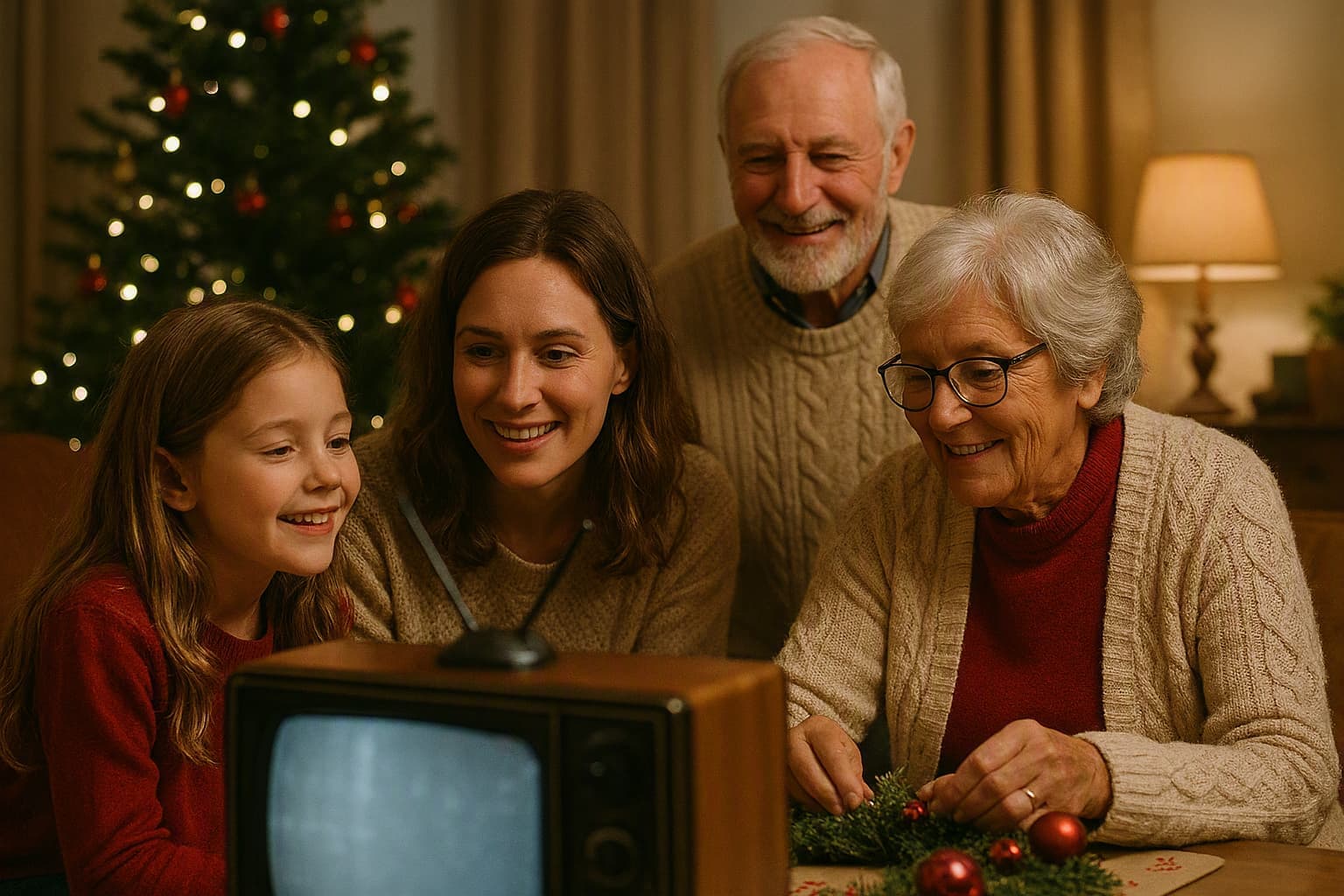 a family around an old television with antenna during holiday preparation, soft room light