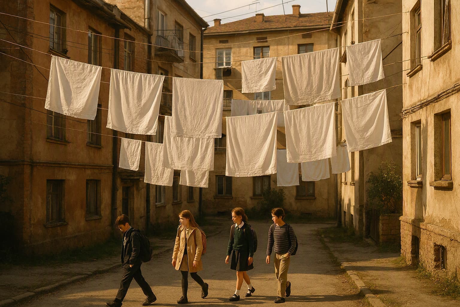 Laundry lines between old apartment buildings as children pass after school
