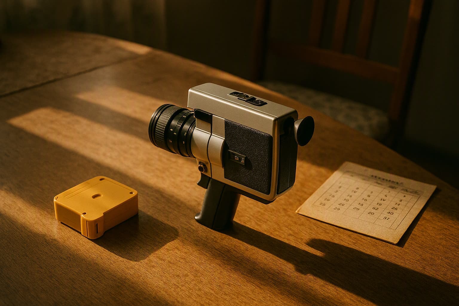 A vintage Super 8 camera on a family table in long afternoon shadows