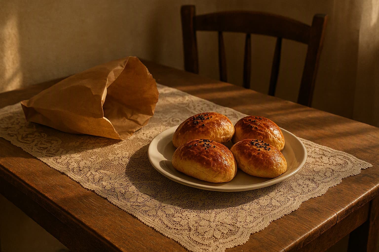 Warm poğaça pastries from a neighbourhood bakery on a nostalgic family table
