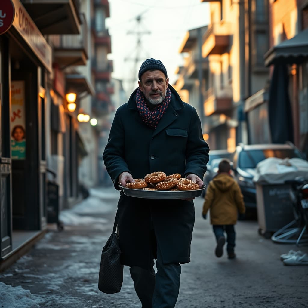 A simit vendor carrying fresh sesame rings through a cold neighbourhood street at winter dawn