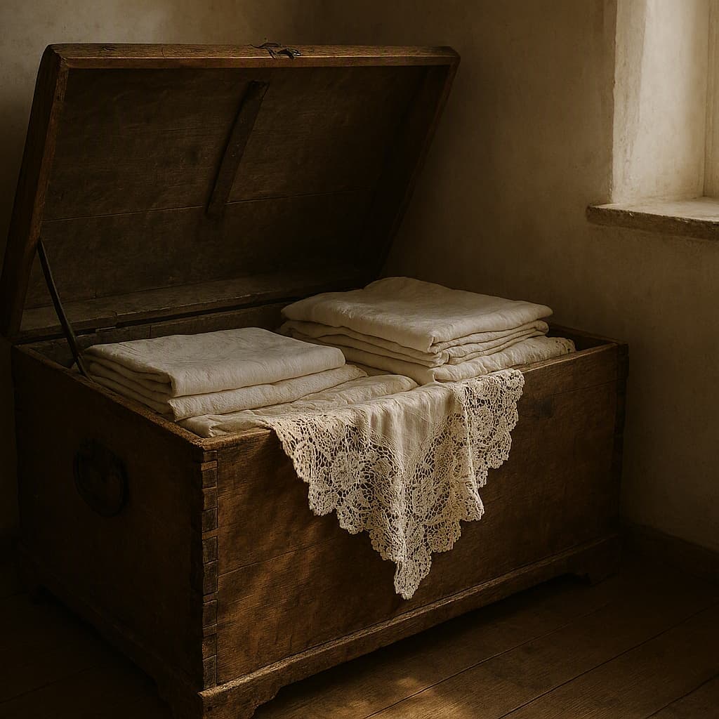 An old wooden dowry chest open with folded linens and lace inside