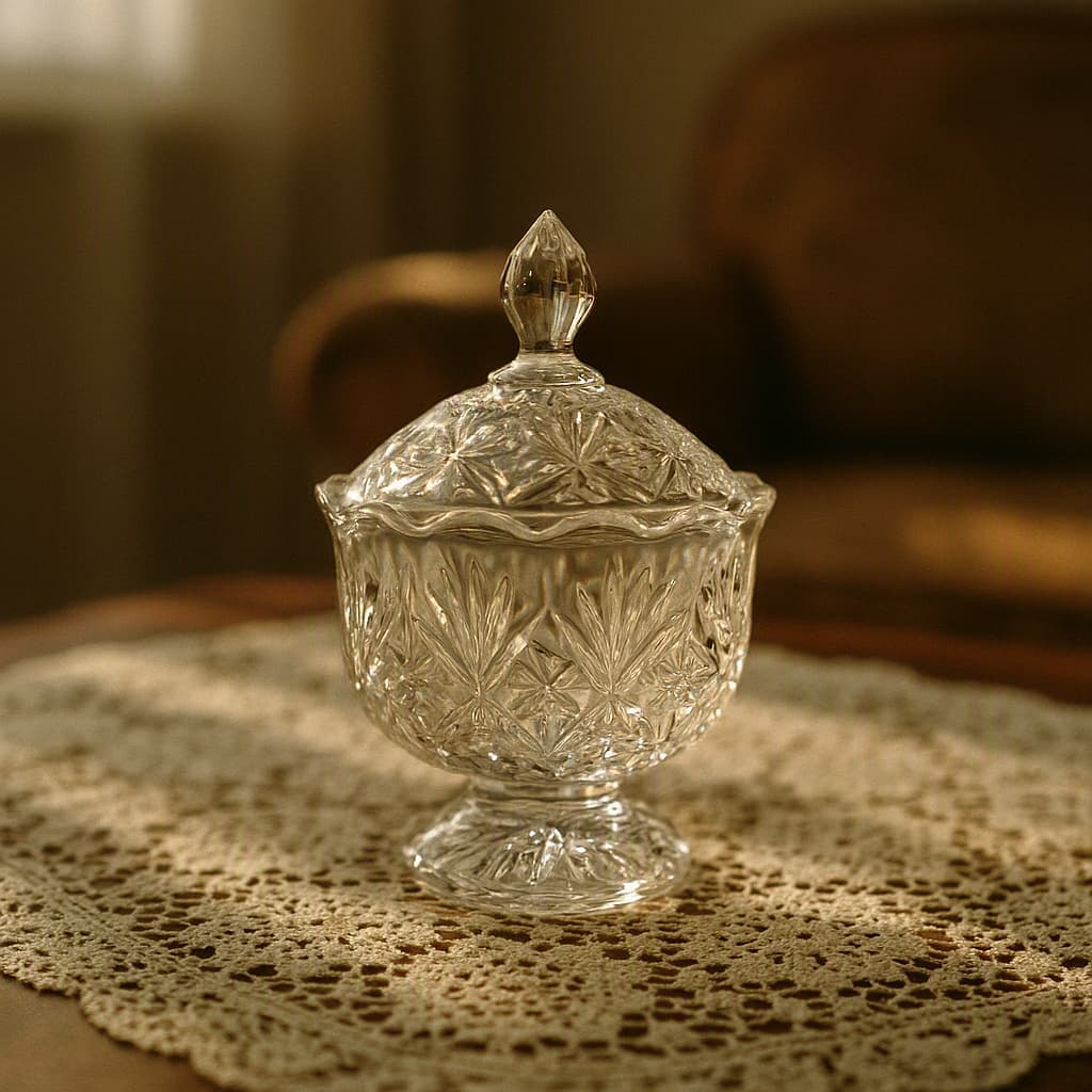 A crystal sugar bowl resting on a lace-covered nostalgic salon table