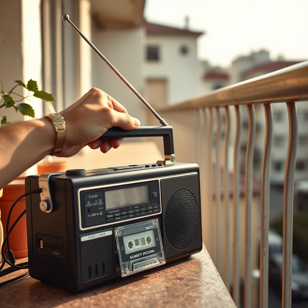 A hand tuning the telescopic antenna of a radio cassette player beside a waiting cassette