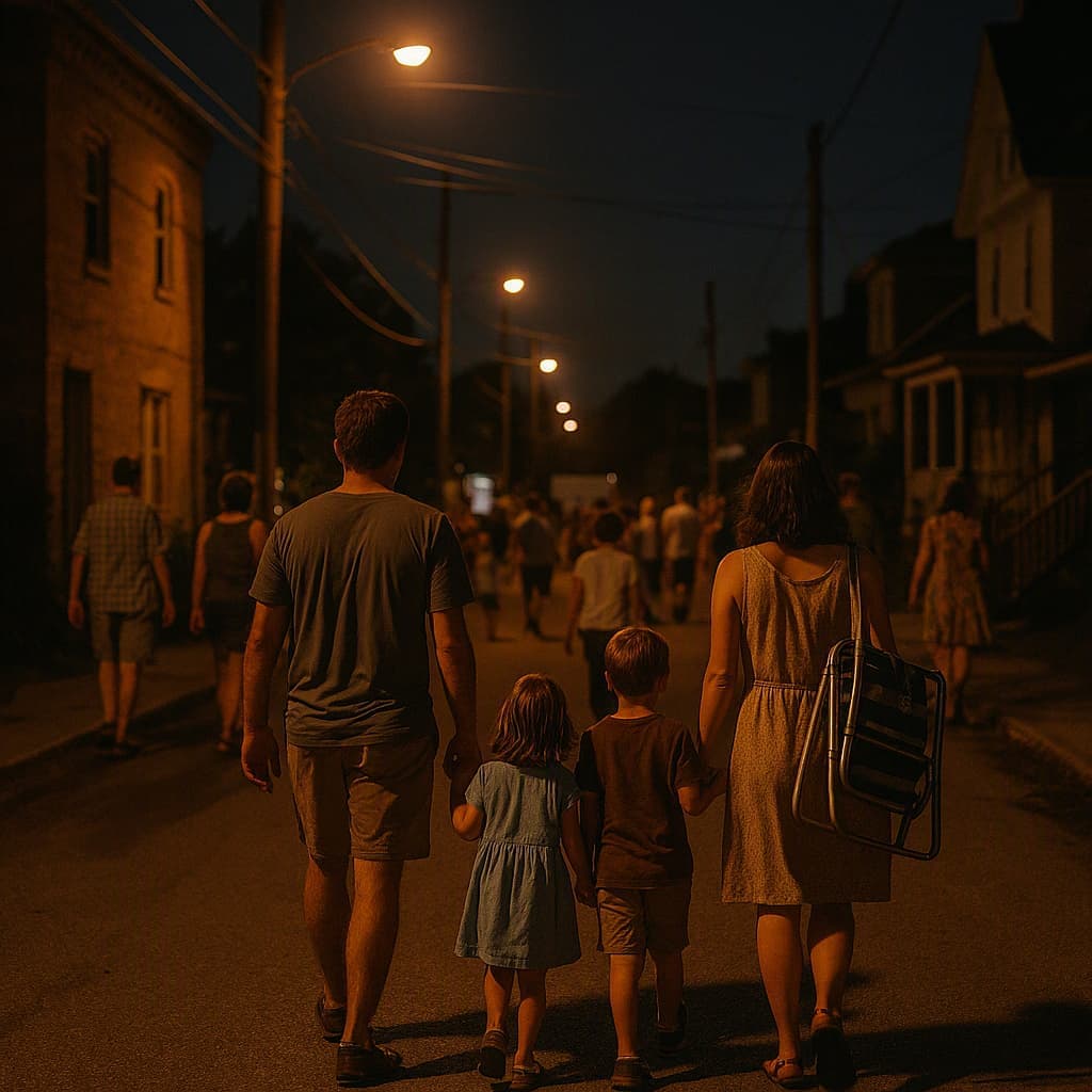 Families walking home through old streets after a summer cinema night
