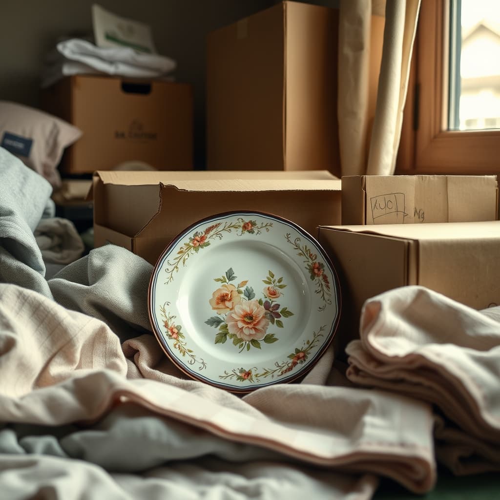 floral enameled plate among folded linens and moving boxes