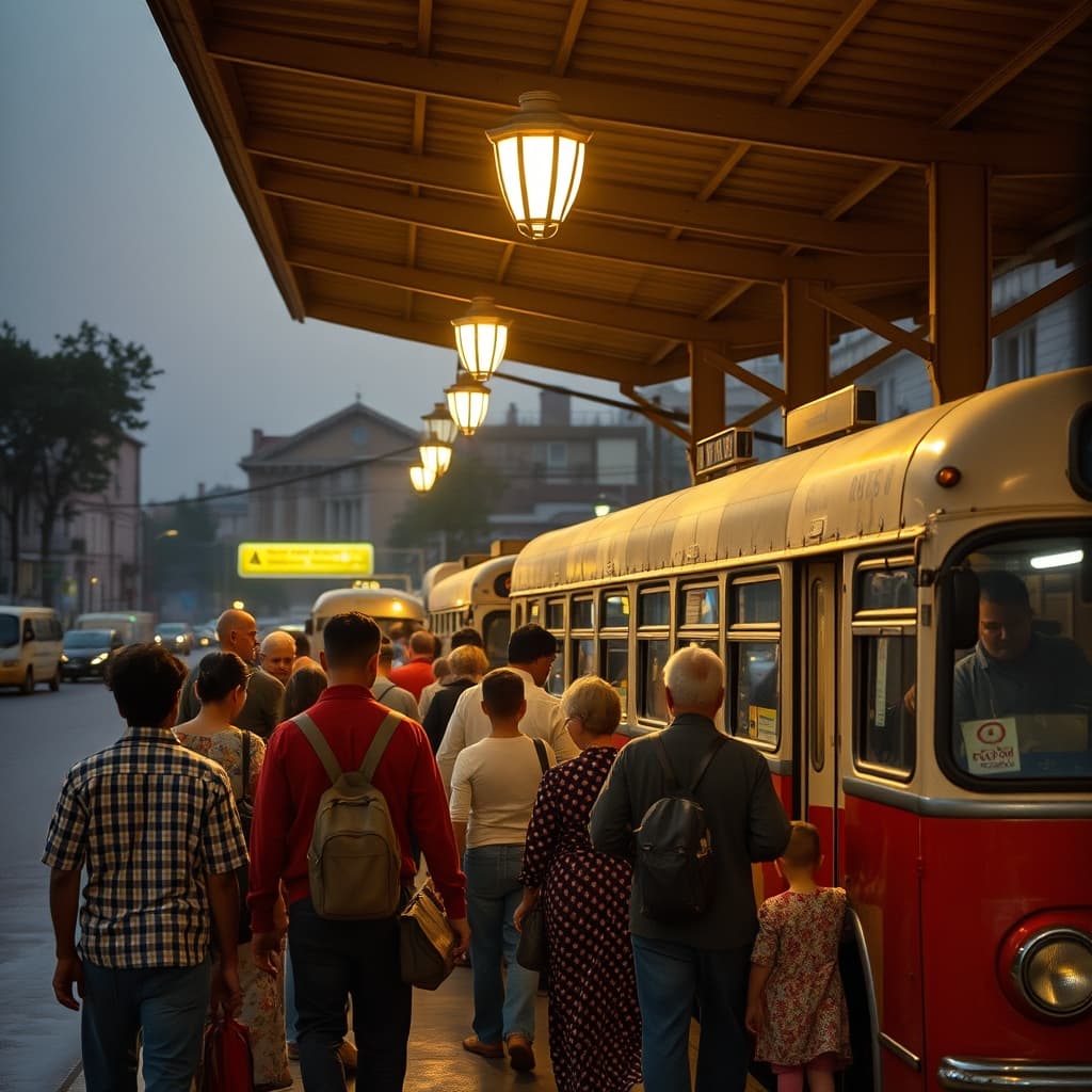 busy old bus terminal with families waiting under evening lights