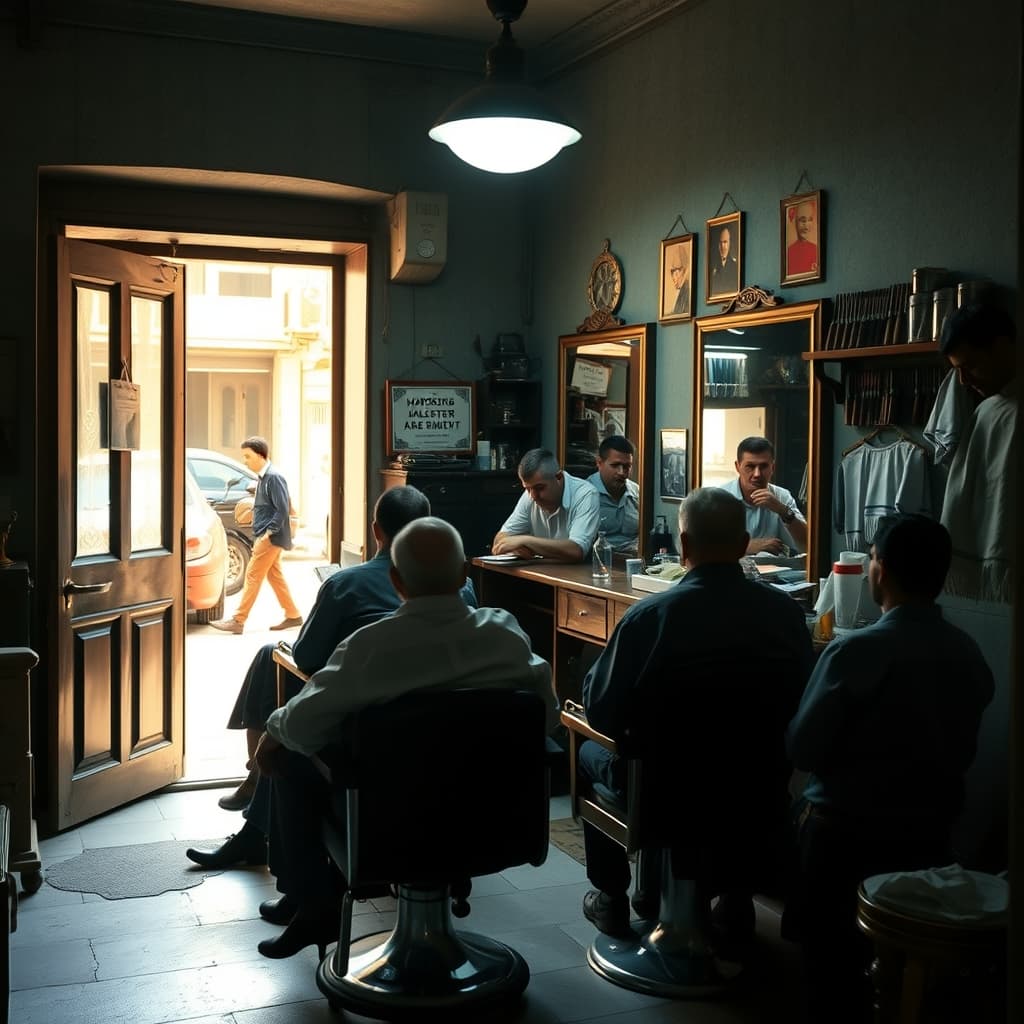 A neighbourhood barber working while customers wait and talk in a small summer barbershop