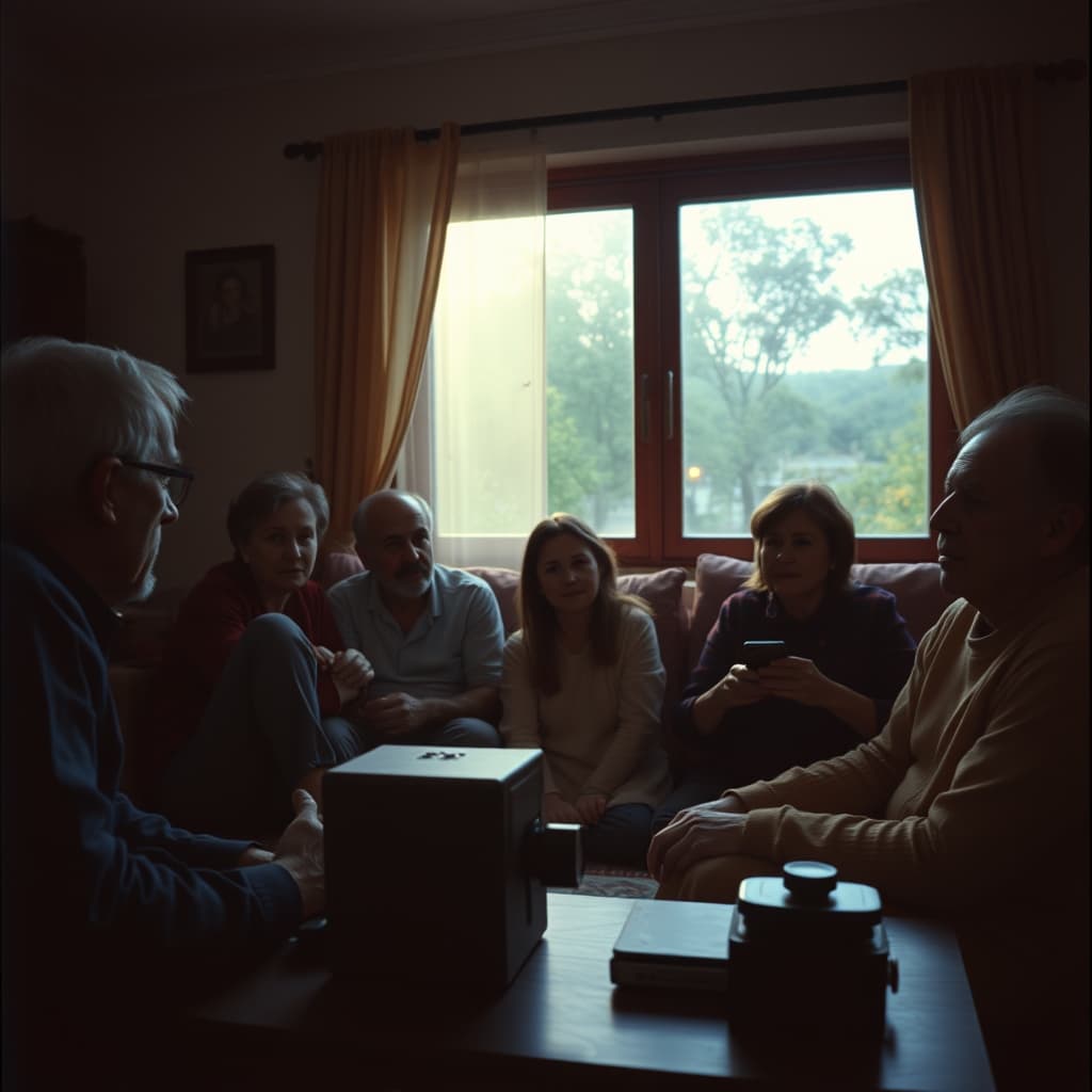 A family watching an analogue home film while a projector reel and rewind crank sit in the foreground