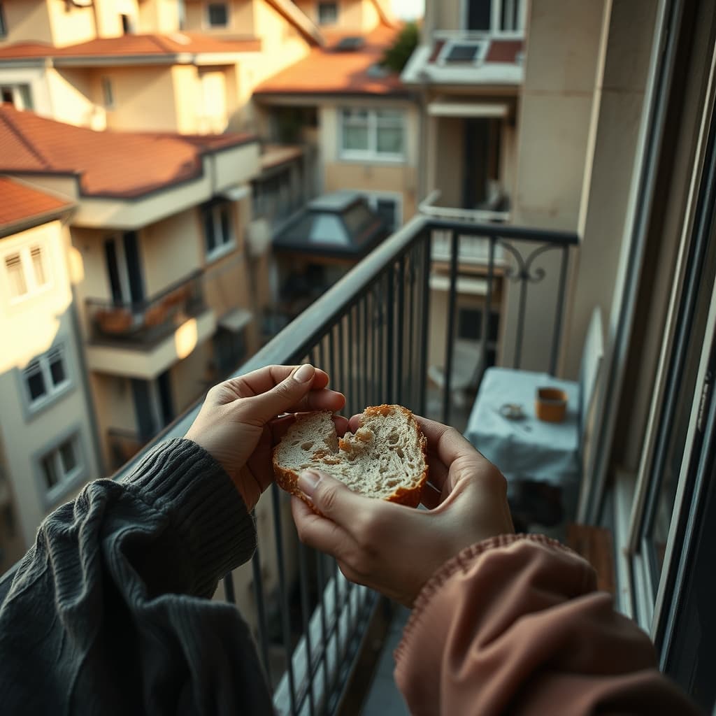 Hands placing small pieces of saved stale bread for birds on a neighbourhood balcony