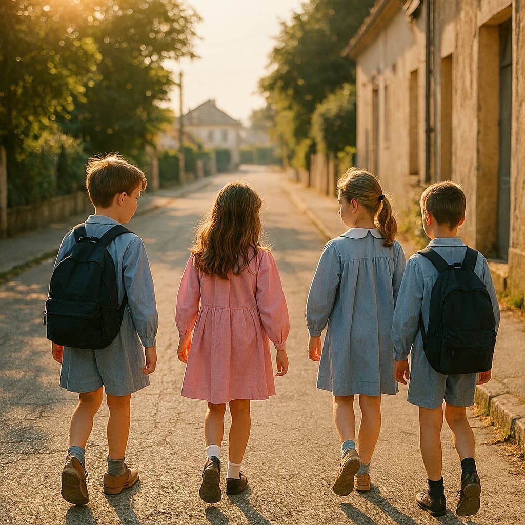 Children in old school smocks walking together on a bright morning