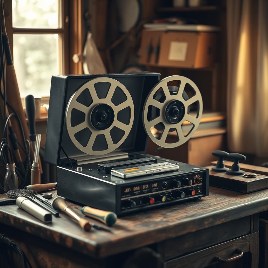 reel-to-reel recorder opened on a repair bench beside careful tools