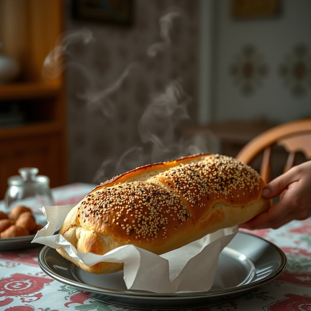 A steaming loaf of fresh Ramadan pide arriving beside a prepared family iftar table