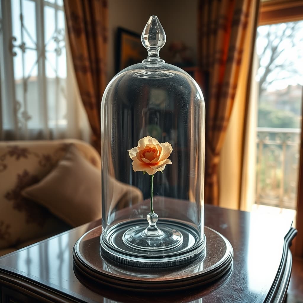A glass display dome covering a floral ornament in the familiar corner of a grandmother's living room