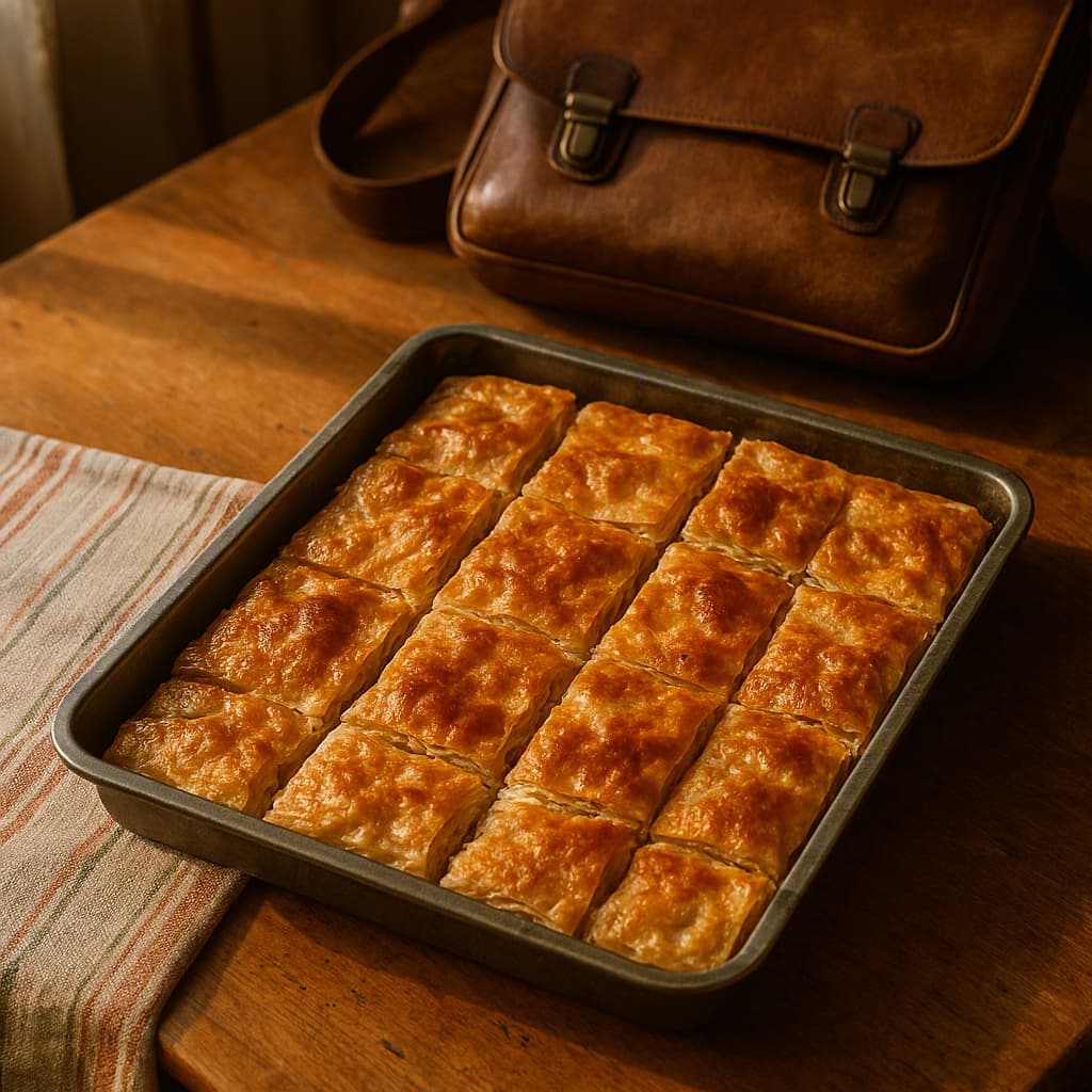Tray börek cut into squares on a nostalgic family kitchen table