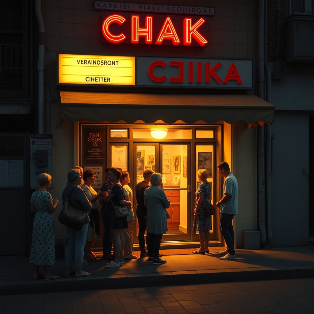 Families and friends waiting in a summer evening queue outside a neighbourhood cinema ticket window