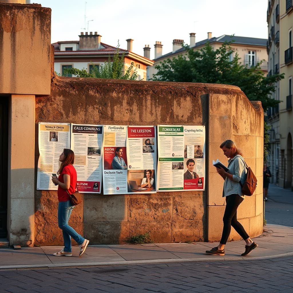 Colourful old paper flyers pasted on a nostalgic city wall