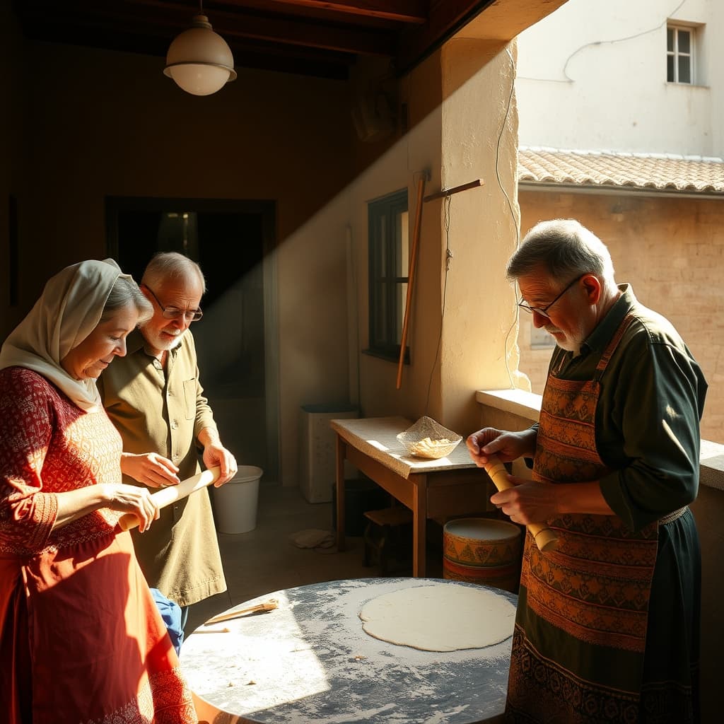 neighbours rolling thin yufka dough together in a sunlit courtyard