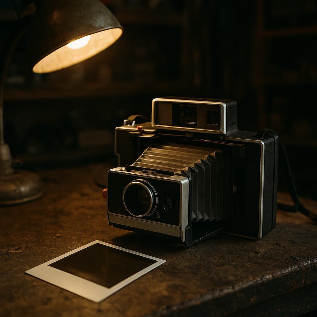 A vintage Polaroid camera on a nostalgic repair shop counter