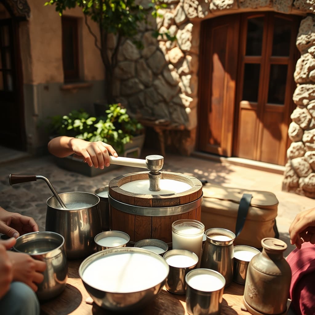 Family members sharing the work of churning ayran in a shaded summer courtyard