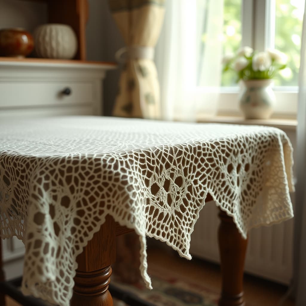 A handmade lace cover with visible thread pattern and careful repair displayed on a wooden side table