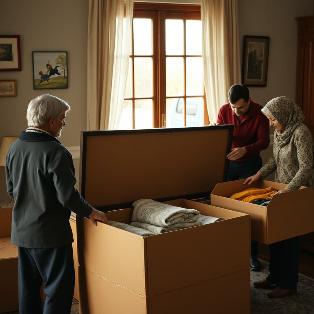 An old quilt chest is documented and padded while its textiles are packed separately for a safe move