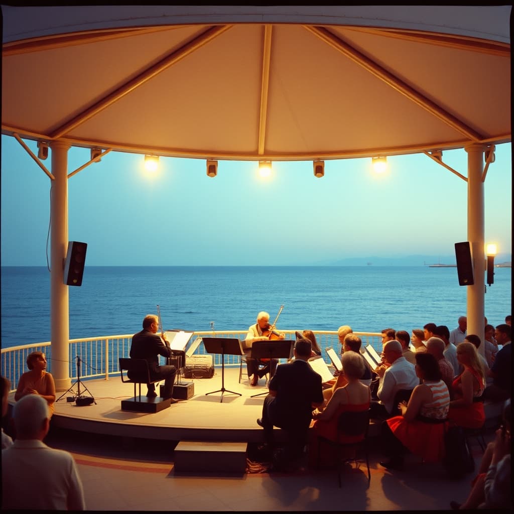 A seaside orchestra and stage crew perform on a lit bandstand beside an accessible evening promenade
