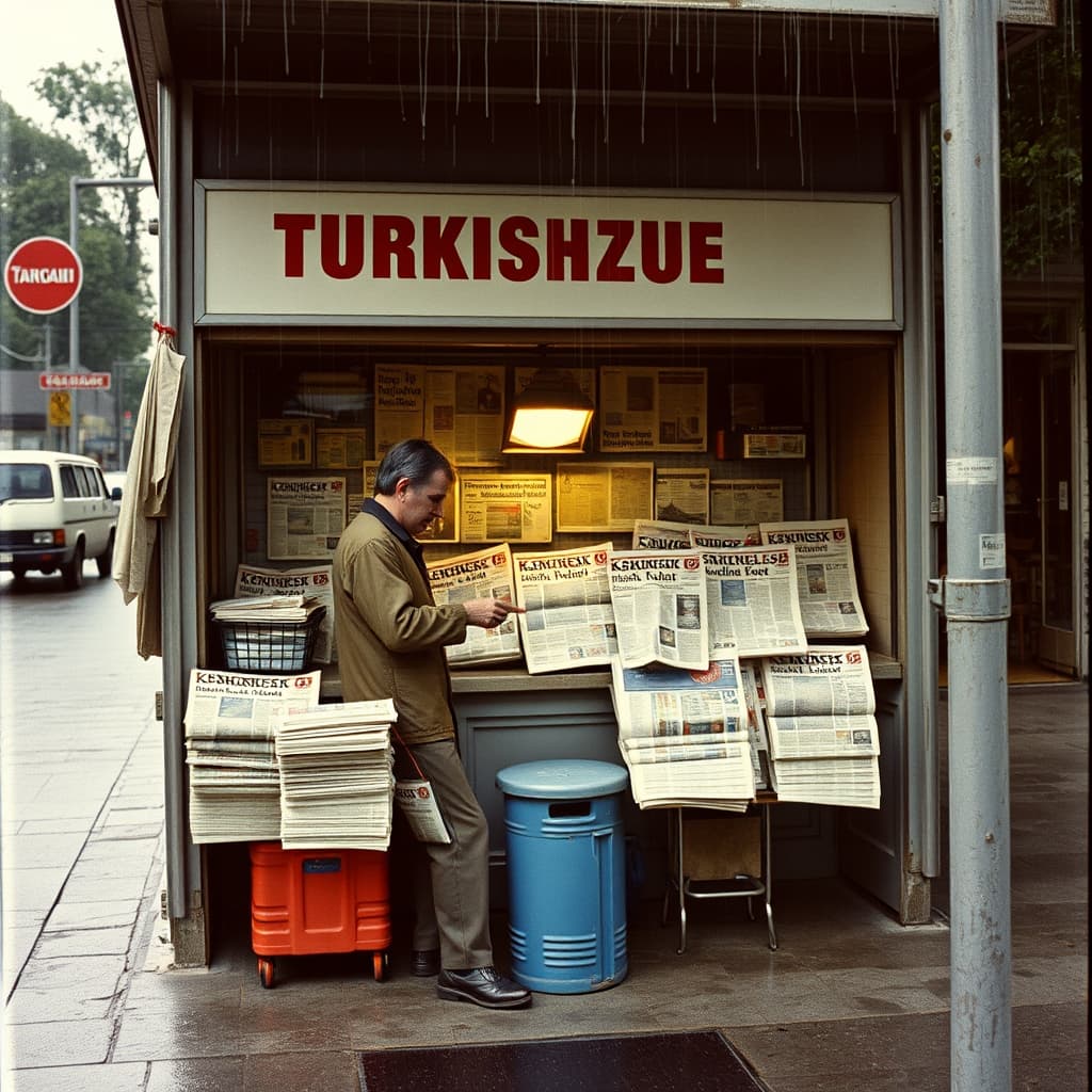 A kiosk vendor checks bundled morning newspapers beside a delivery van at dawn