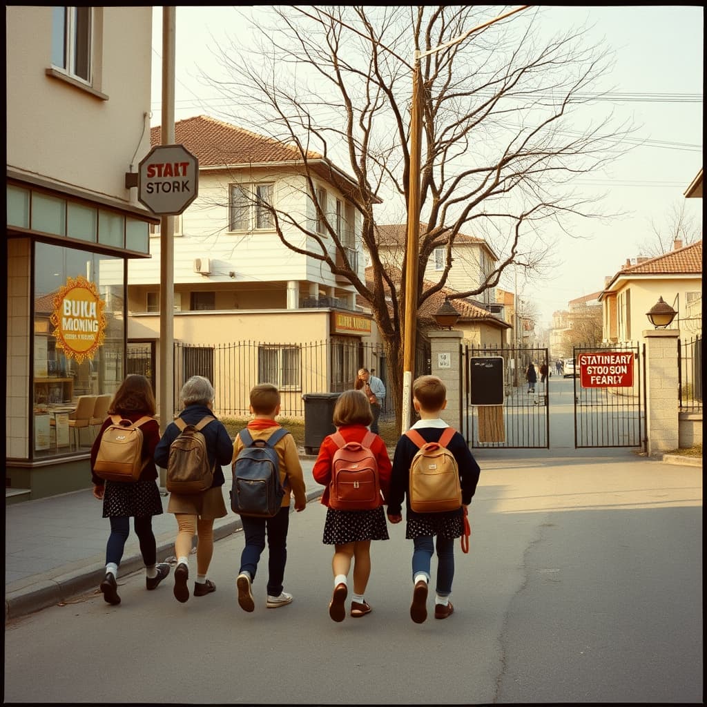 Children and caregivers follow a safe neighbourhood route toward school on the first morning of term in the 1970s